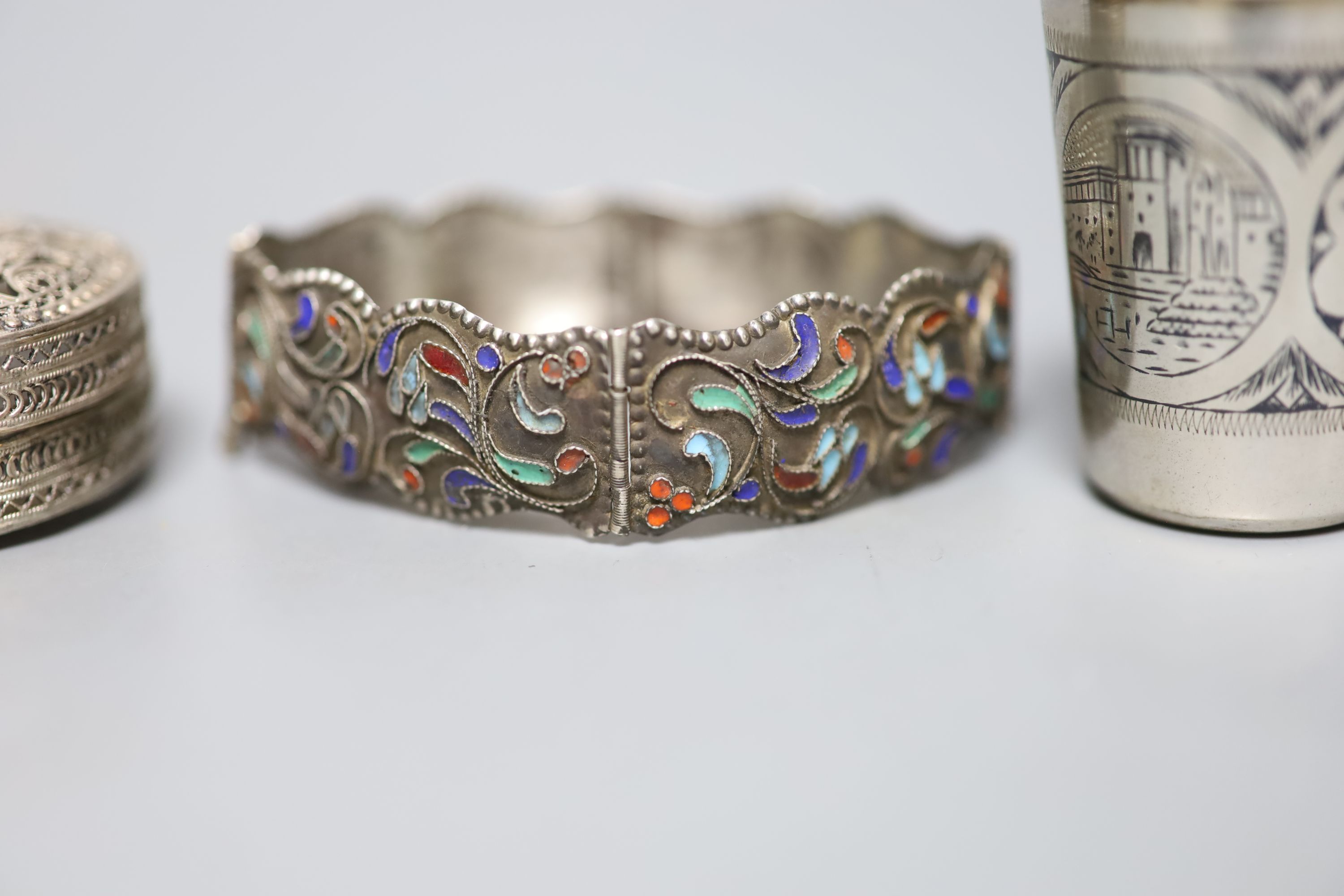 Six assorted early 20th century Russian 84 zolotnik tots, tallest 74mm, a similar enamelled bracelet and a filligree box